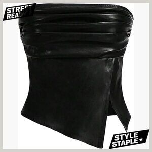 Ruched Pu Leather Tube Top Strapless Split Hem Bandeau Partywear
